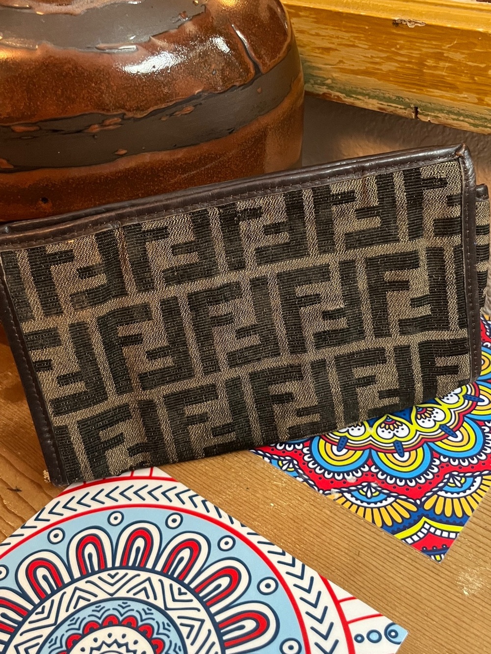 Fendi Brown & Dark Brown FF Logo Small Clutch Vintage 1970-1980